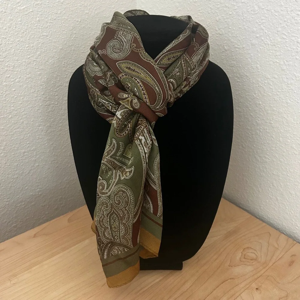 Jones New York Silk Scarf Green Brown Paisley Print Old Money Heritage 52x10